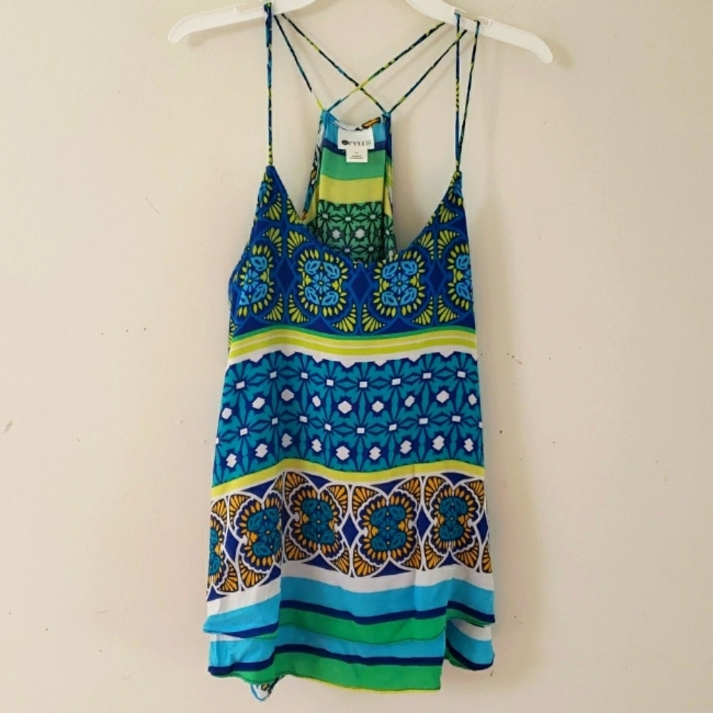 STYLUS Blue and Green Graphic Camisole Sleeveless Top, Size M